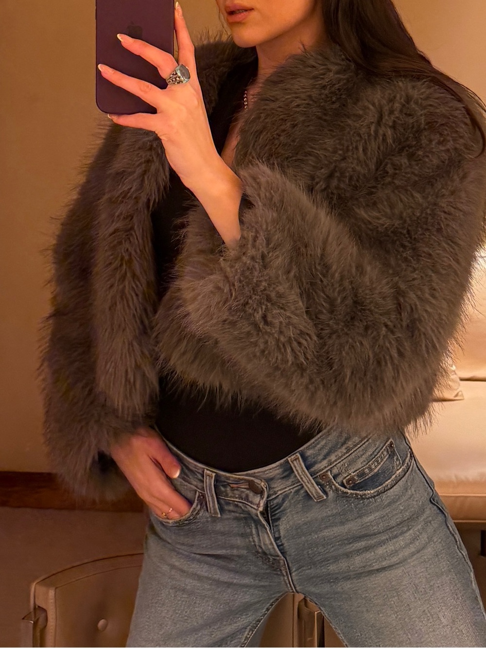 Zara Gray Faux-Fur Jacket